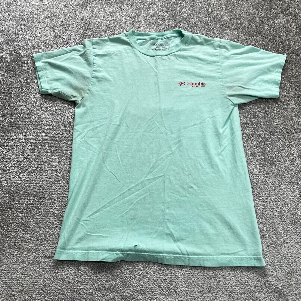 Columbia Graphic T-Shirt Mens Small Mint Green Crew Neck Short Sleeve Cotton Tee